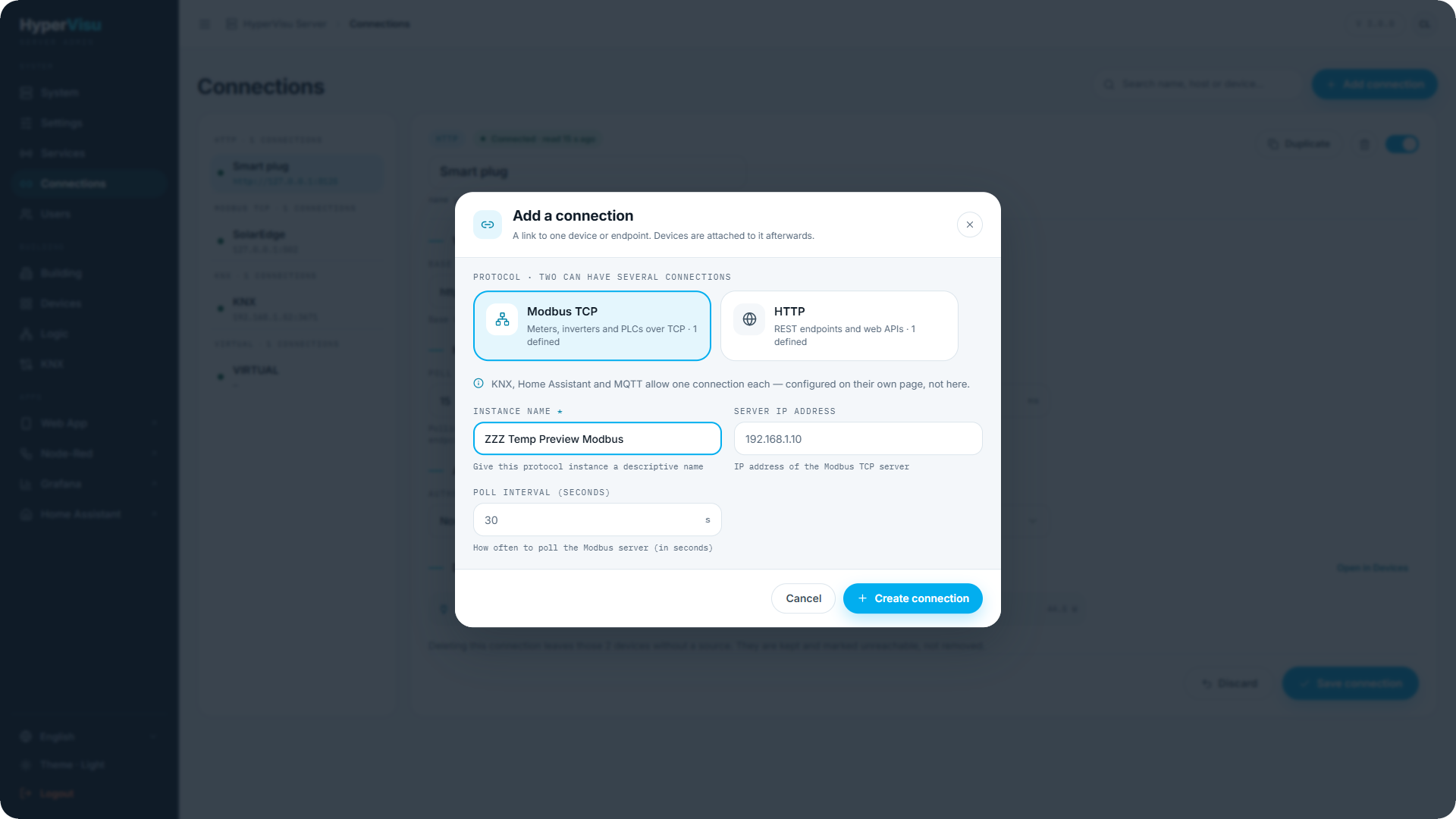 The Add connection dialog with the protocol picker (Modbus TCP selected) and that protocol's fields shown below.