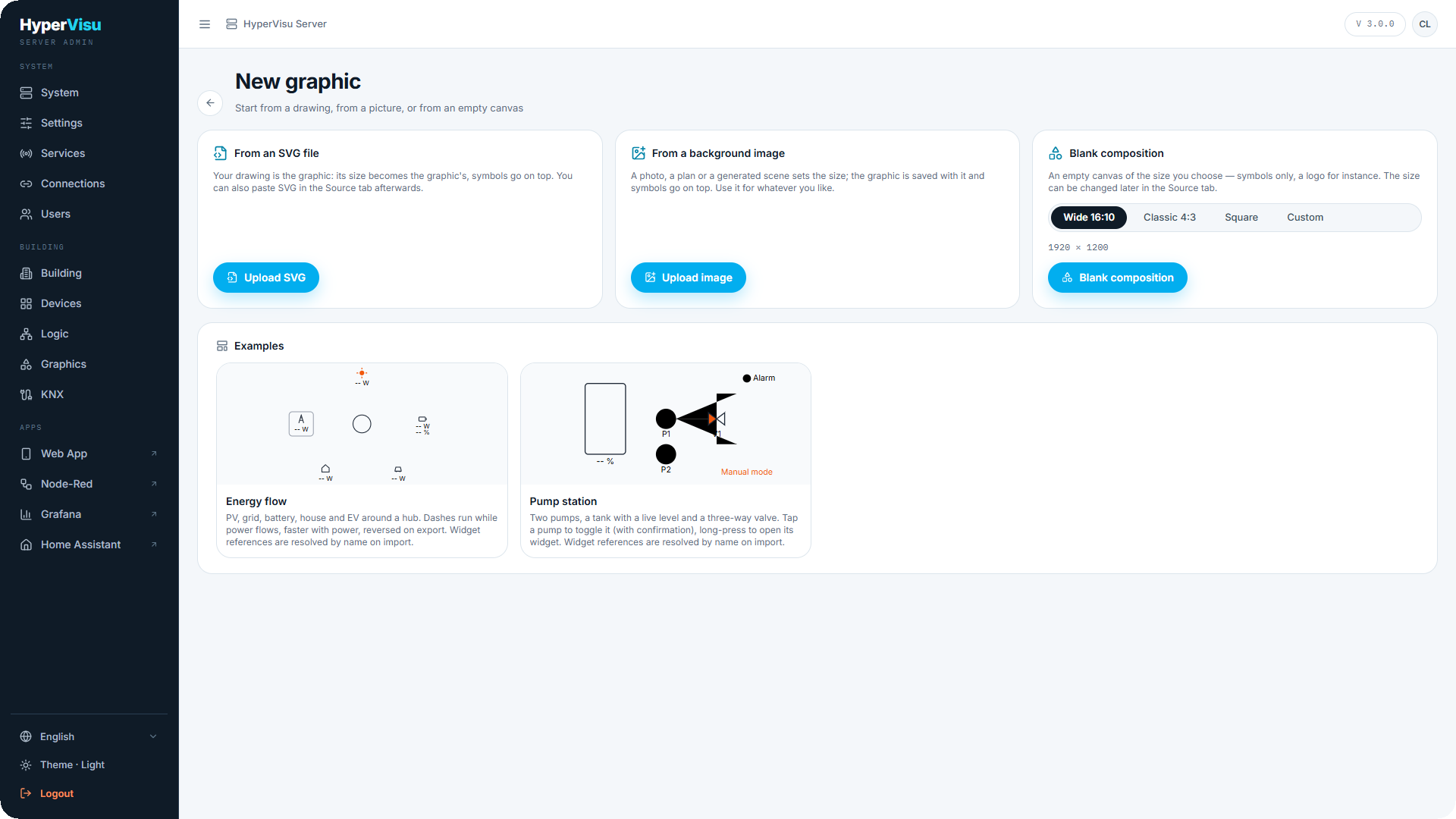 The "New graphic" start screen: From an SVG file, From a background image, Blank composition and the two Examples.