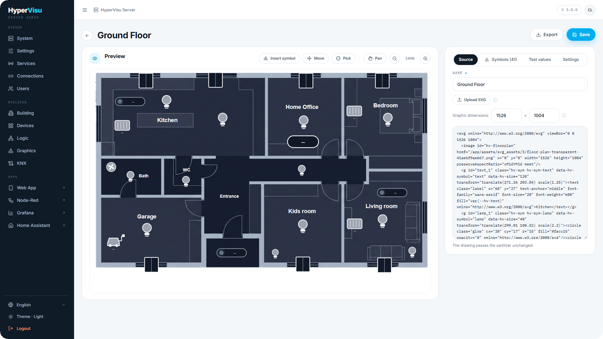 The graphic editor on the "Ground Floor" graphic: the preview on the left, the Source tab with the name, the Graphic dimensions and the SVG text on the right.
