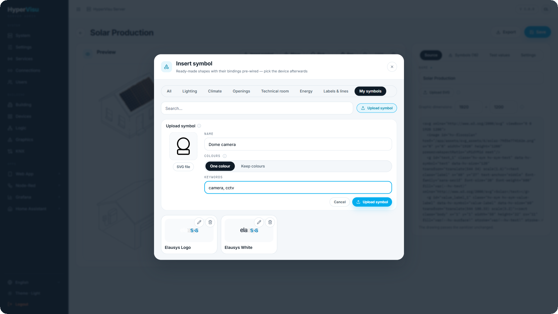 The Insert symbol dialog on the My symbols category with the Upload symbol panel open: the file preview, Name, Colours and Keywords, next to an already uploaded custom symbol.