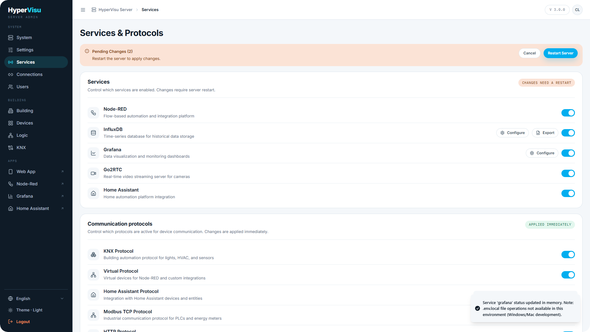 The Pending Changes panel after toggling two services.