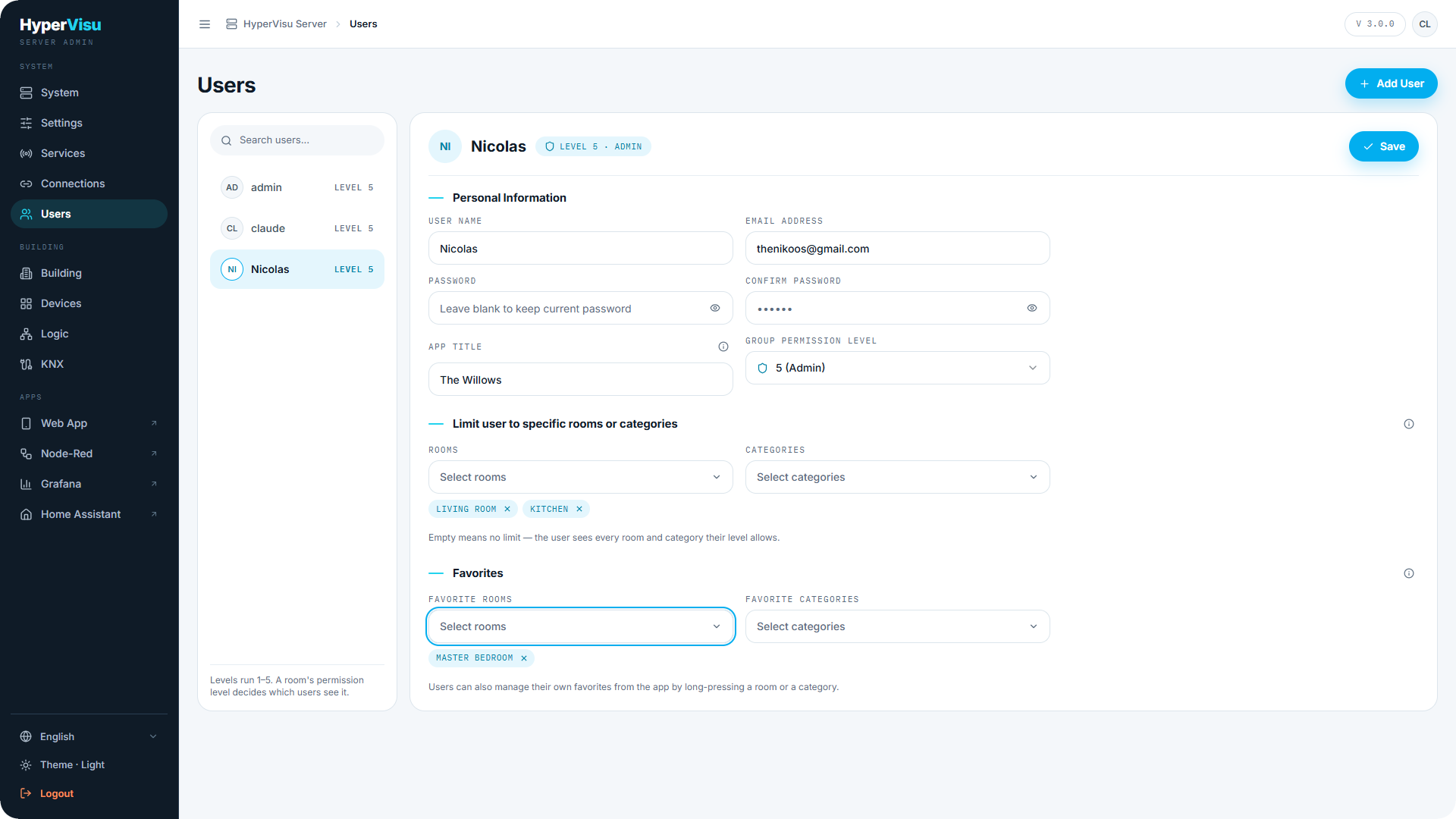 A user's edit panel scrolled to the restriction and favorites sections.