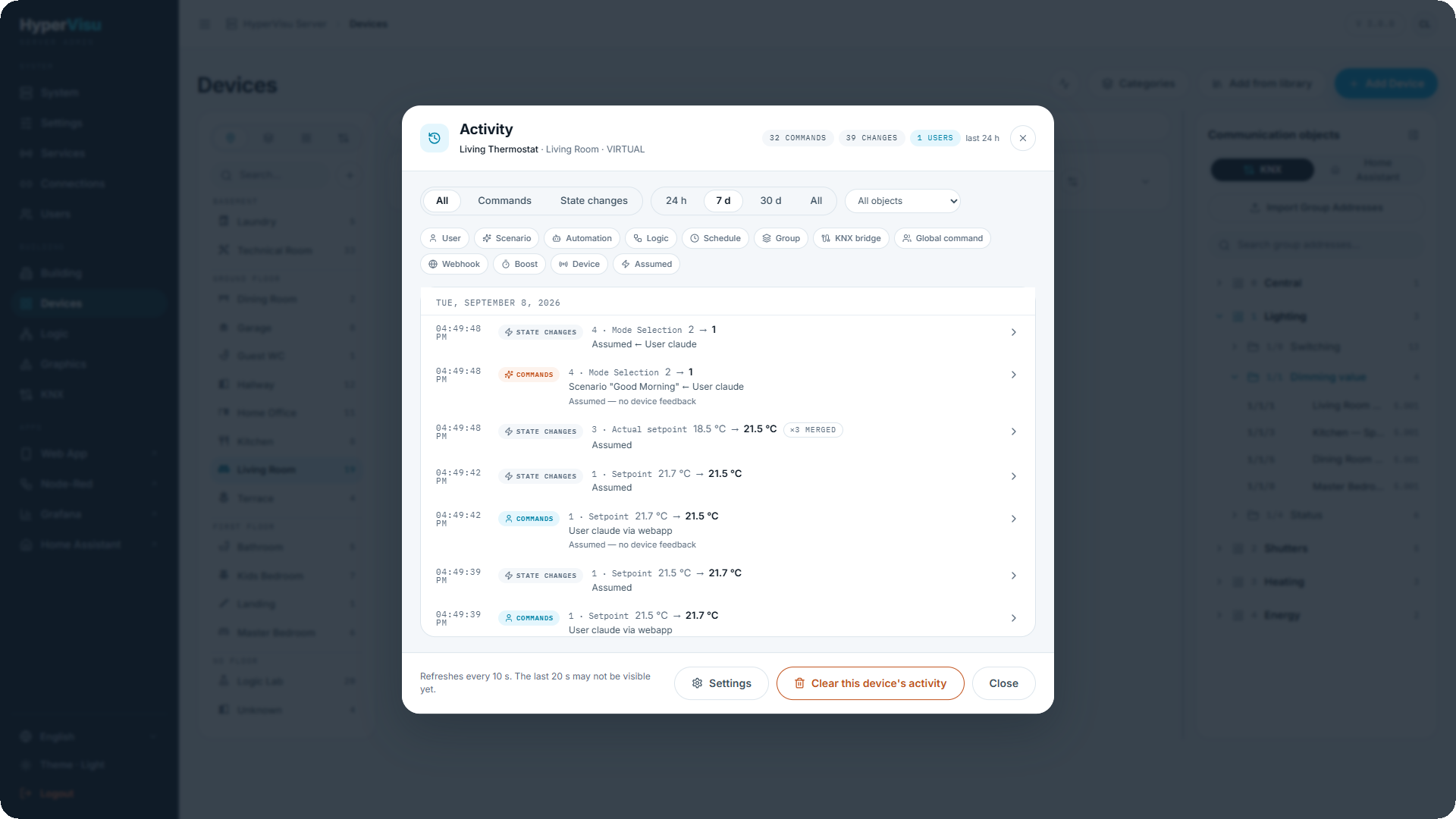 The Activity modal of a thermostat: a scenario command started by a user, user commands via the web app, assumed states and a merged reading.