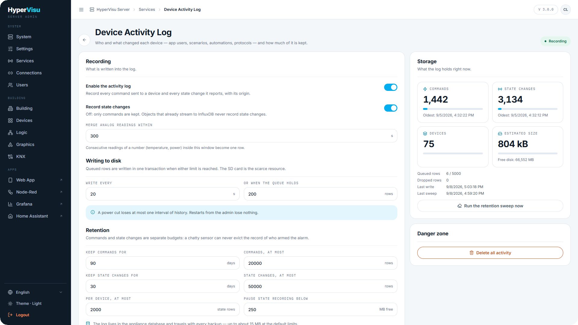 The Device Activity Log page with the default settings, the Recording status and the live Storage card.