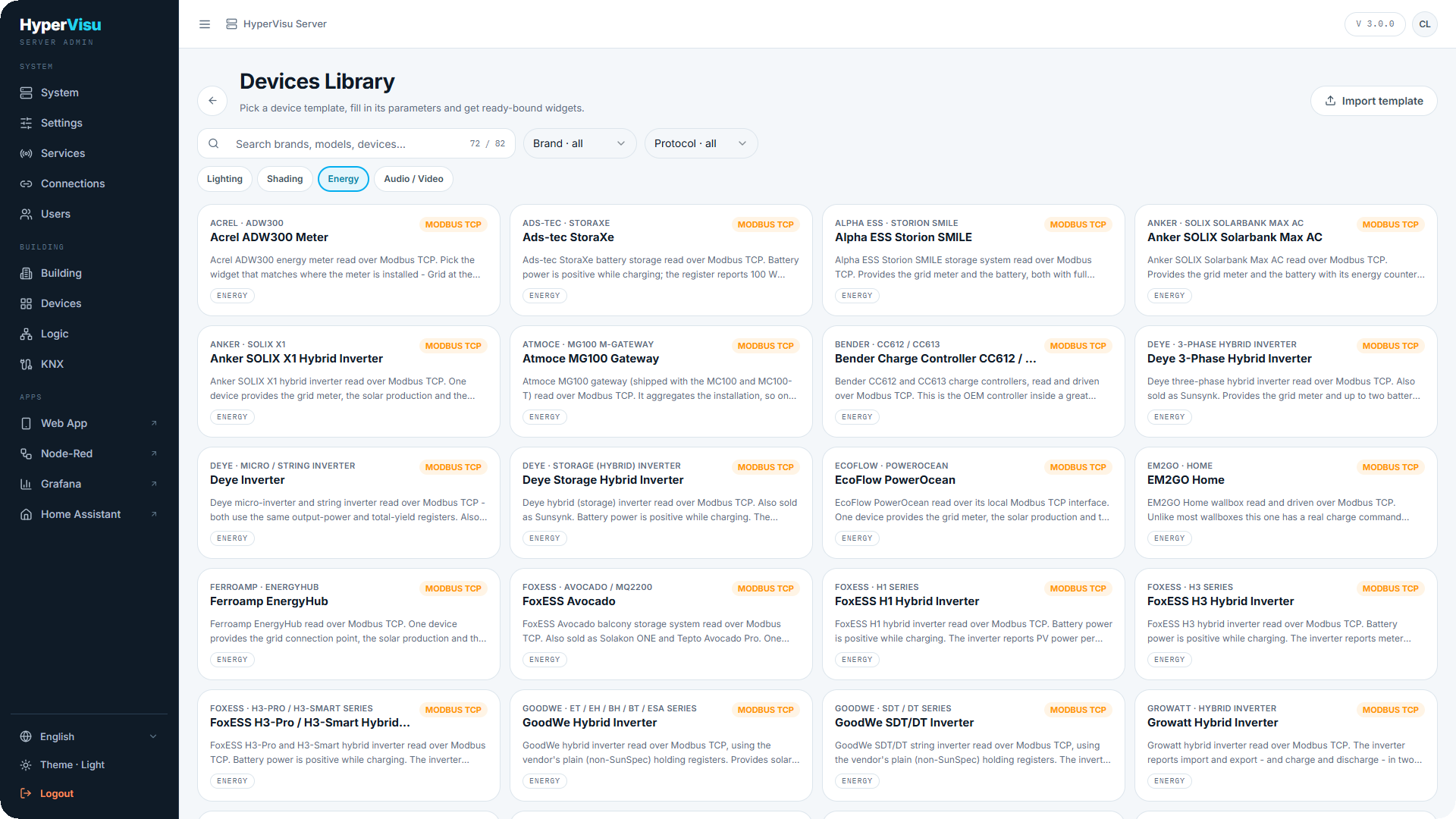 The Devices Library catalog: search with the matching/total counter, category chips, brand and protocol filters, and the template cards.