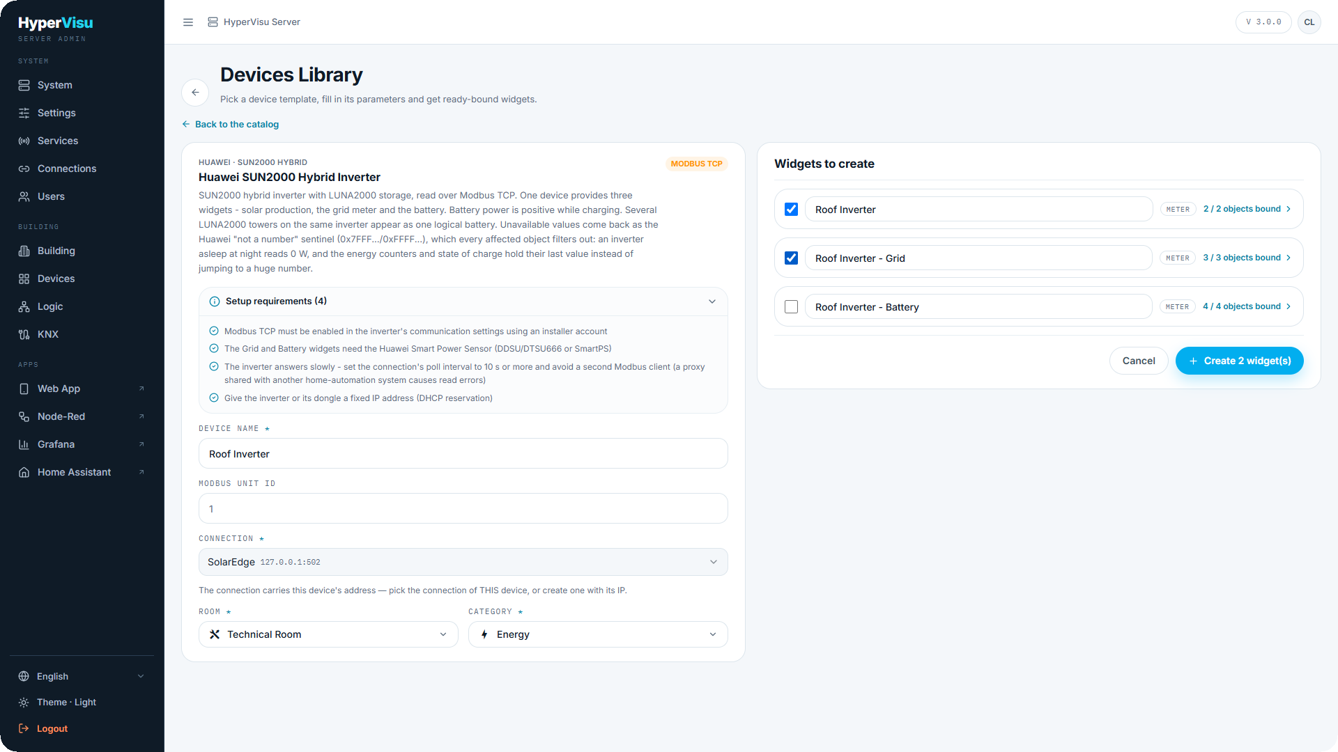 The configure page of an inverter template: parameters, connection, room and category, the setup requirements expanded, and the live preview.