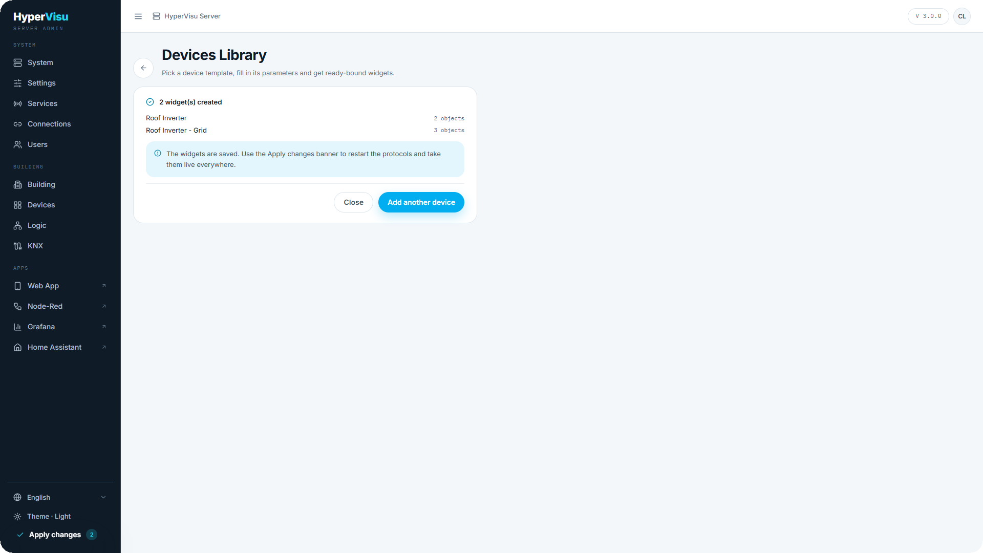 The result page after creating from a template, with the object counts and the Apply changes badge lit.
