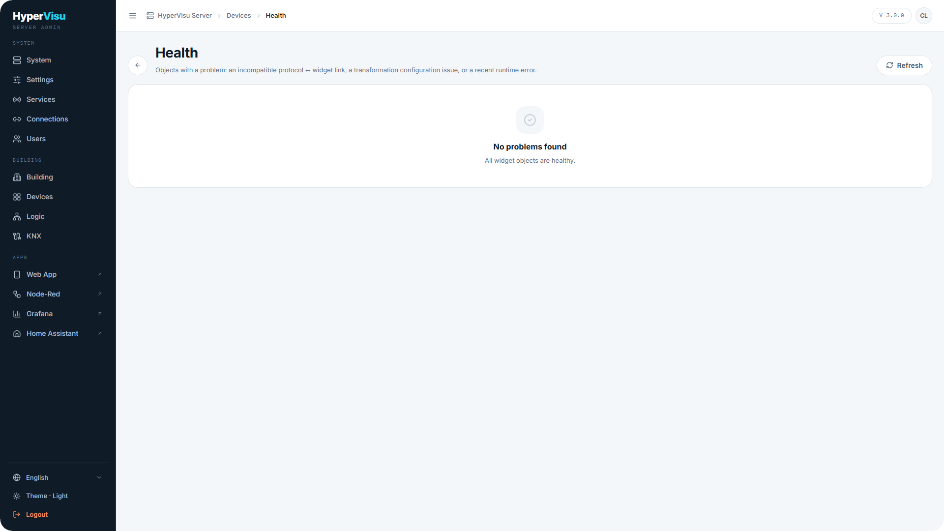 The Health page with two problem rows.