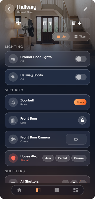 Phone, an Alarm tile in the armed state (full sub-type), the three buttons visible — Phone layout.
