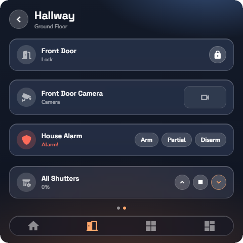 Phone, an Alarm tile in the armed state (full sub-type), the three buttons visible — Wall panel layout.