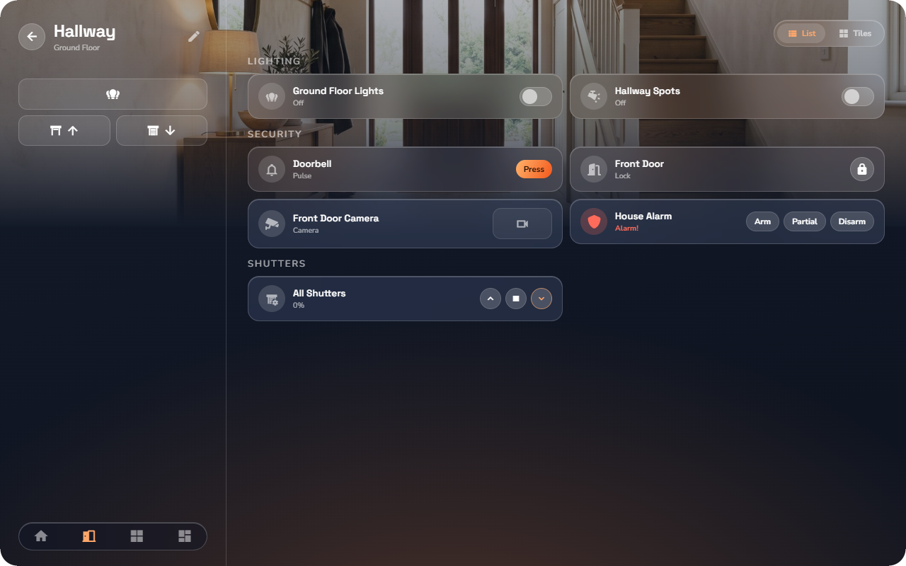 Phone, a Door lock row in the locked state, the round unlock button beside it — Tablet layout.