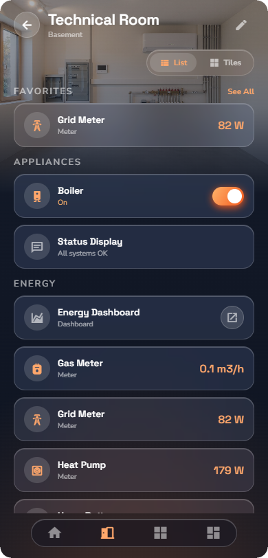 Phone, a grid Meter row showing a live reading of 82W — Phone layout.