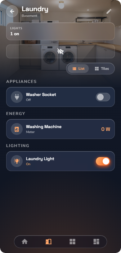 Phone, a room list showing a Light switch row ON (orange toggle) next to a Switch row OFF, both in list style — Phone layout.