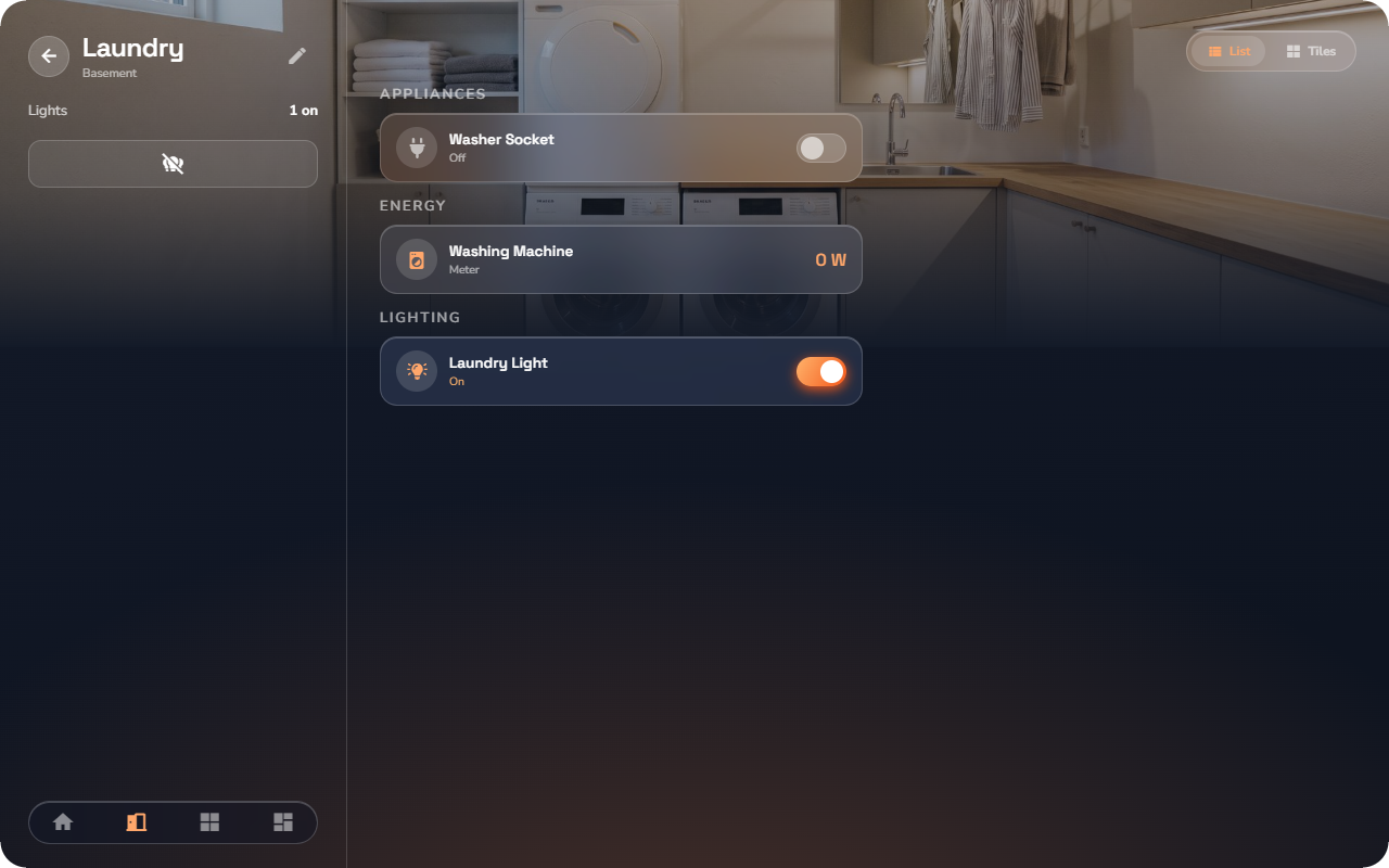Phone, a room list showing a Light switch row ON (orange toggle) next to a Switch row OFF, both in list style — Tablet layout.
