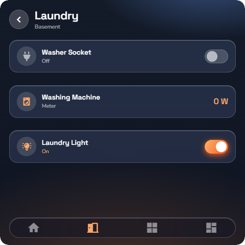Phone, a room list showing a Light switch row ON (orange toggle) next to a Switch row OFF, both in list style — Wall panel layout.