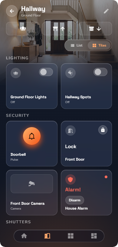 Phone, a Push button tile mid-press (button highlighted), tile style — Phone layout.