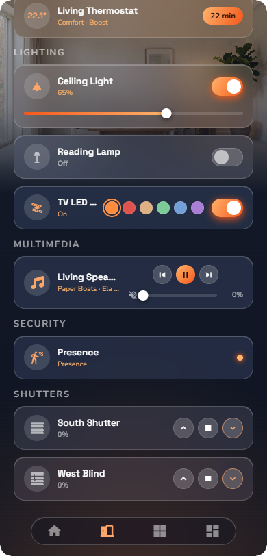 Phone, a Shutter row half-closed showing the up / stop / down buttons — Phone layout.