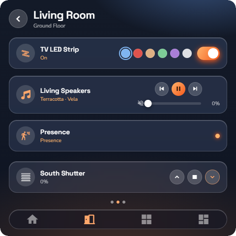 Phone, a Shutter row half-closed showing the up / stop / down buttons — Wall panel layout.