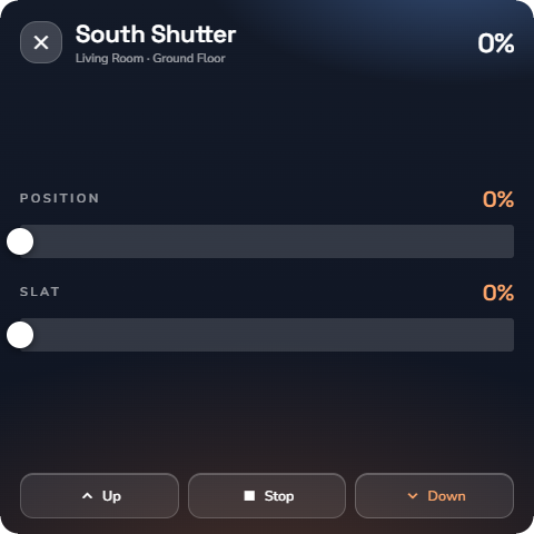 Phone, Shutter detail page of a venetian shutter at 40 % closed — Wall panel layout.