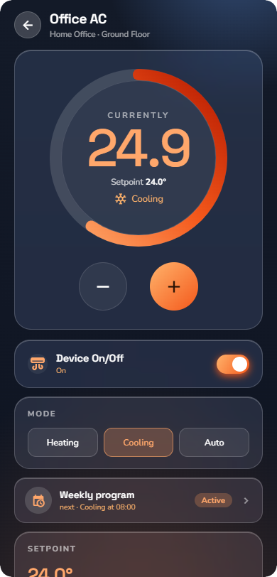 Phone, Air conditioning detail page in Cool mode — Phone layout.