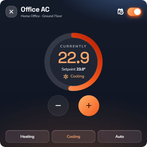 Phone, Air conditioning detail page in Cool mode — Wall panel layout.