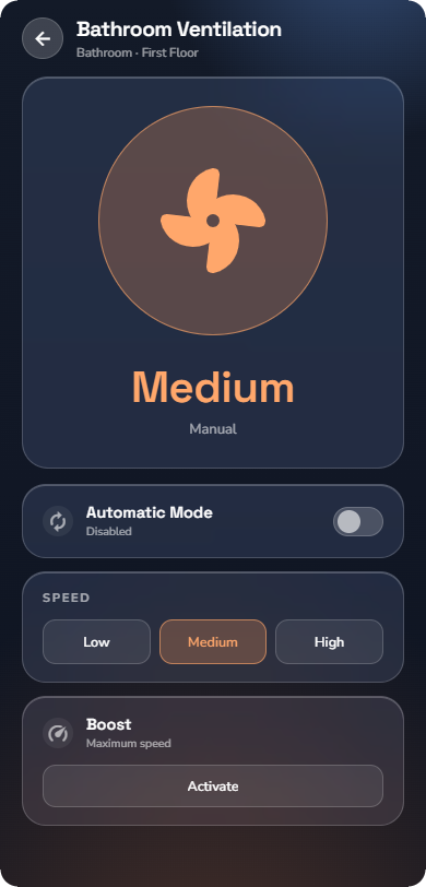 Phone, Ventilation detail page of the automatic sub-type — Phone layout.