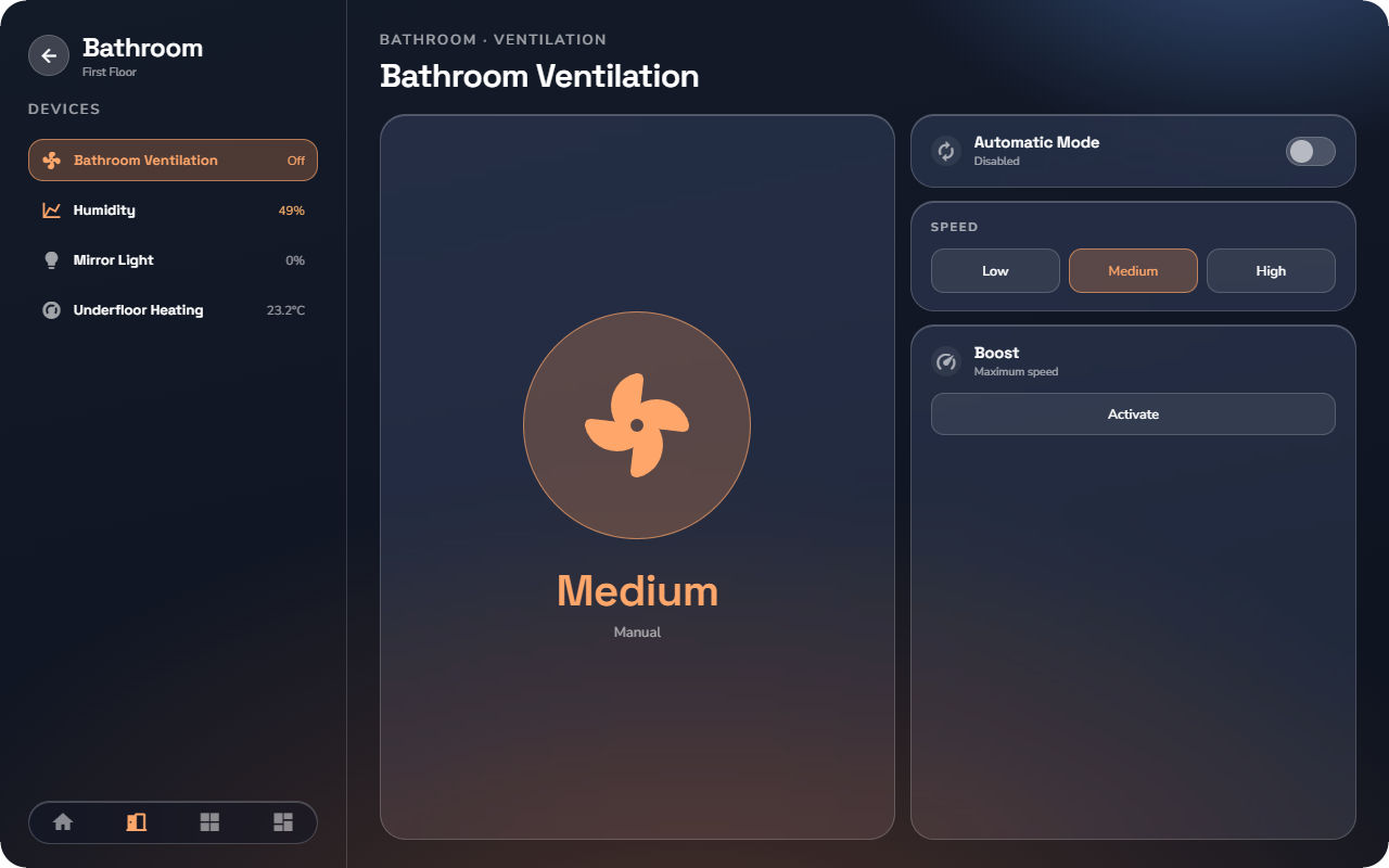 Phone, Ventilation detail page of the automatic sub-type — Tablet layout.