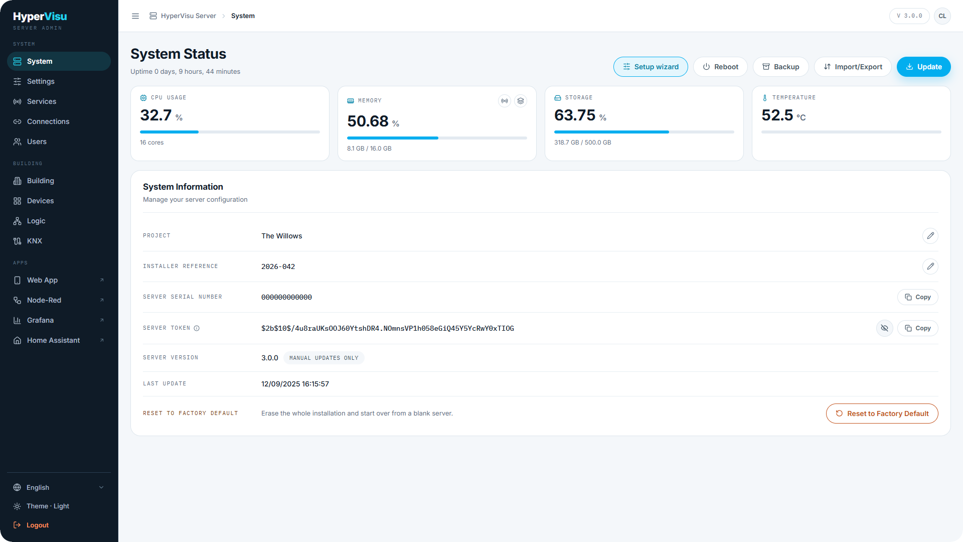 Admin System page after commissioning.