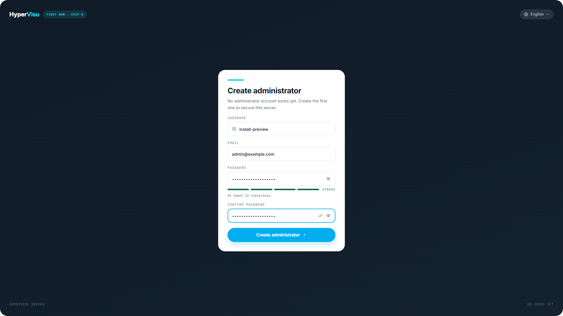First-administrator setup screen.