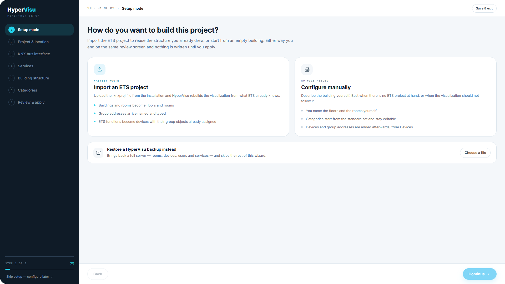 Wizard step 1 (Setup mode).