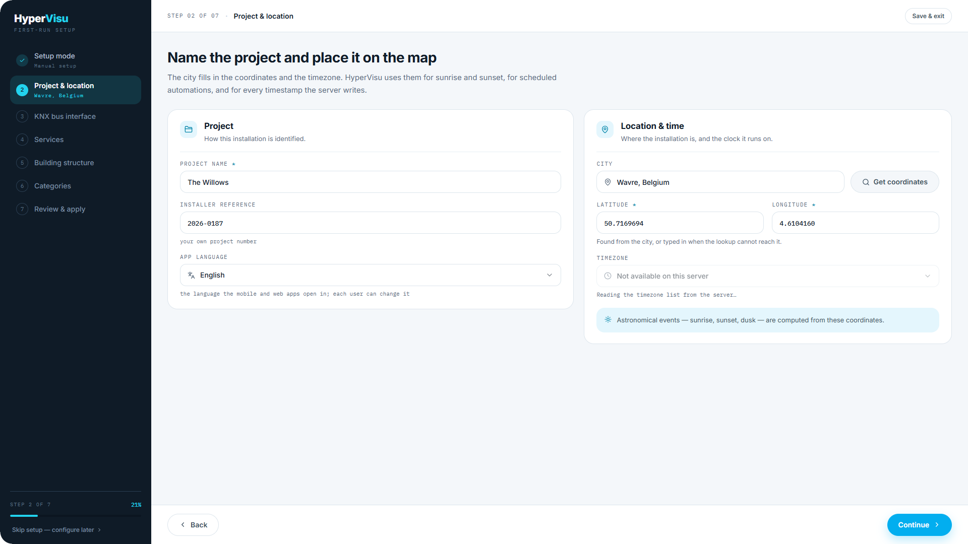 Wizard step 2 (Project & location).