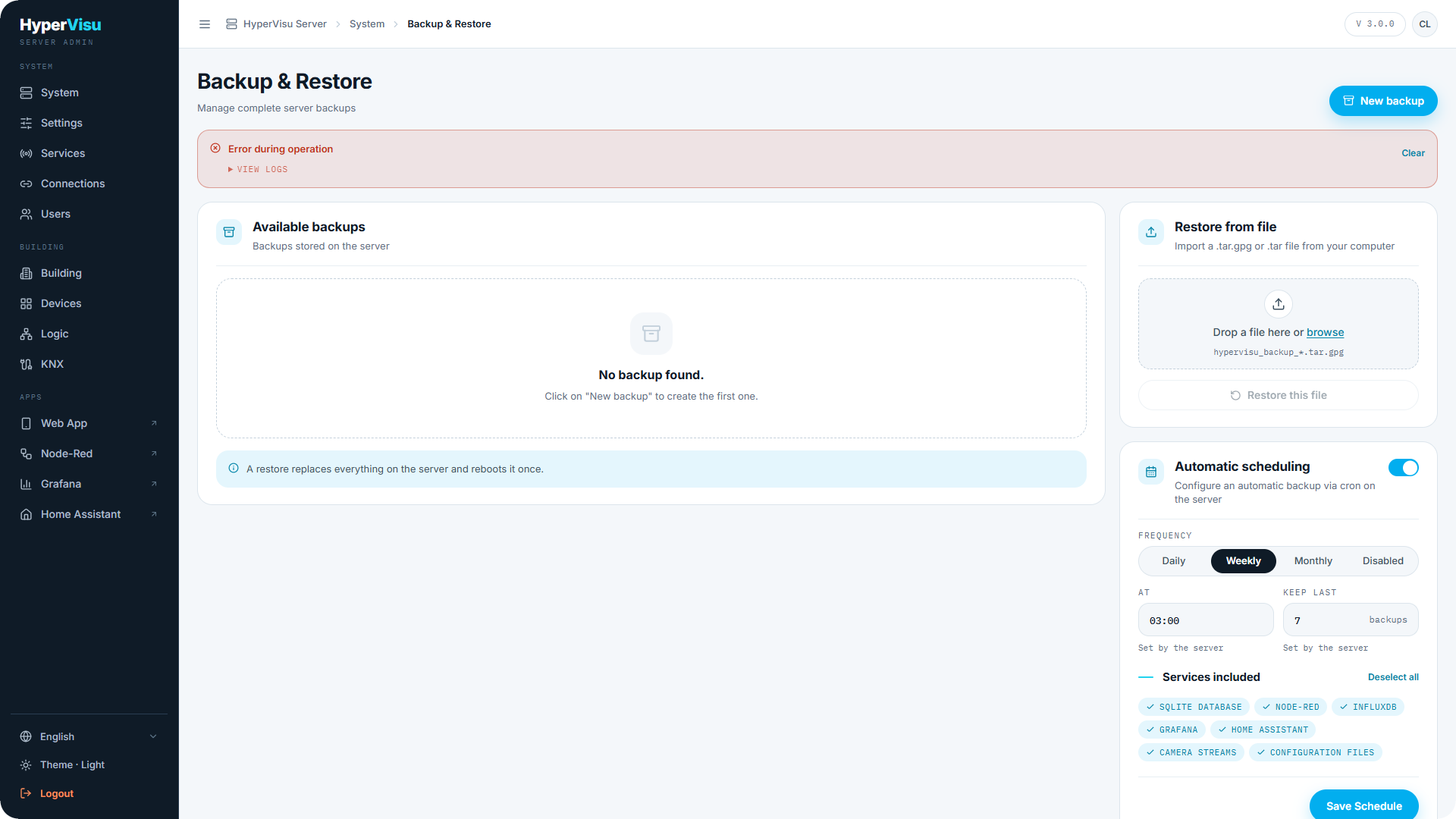 Desktop browser, the Automatic scheduling card set to Weekly at 03.