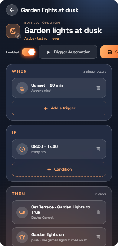 An automation's page — Phone layout.
