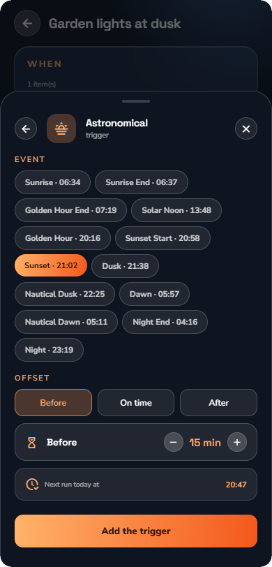 The Astronomical trigger builder — Phone layout.