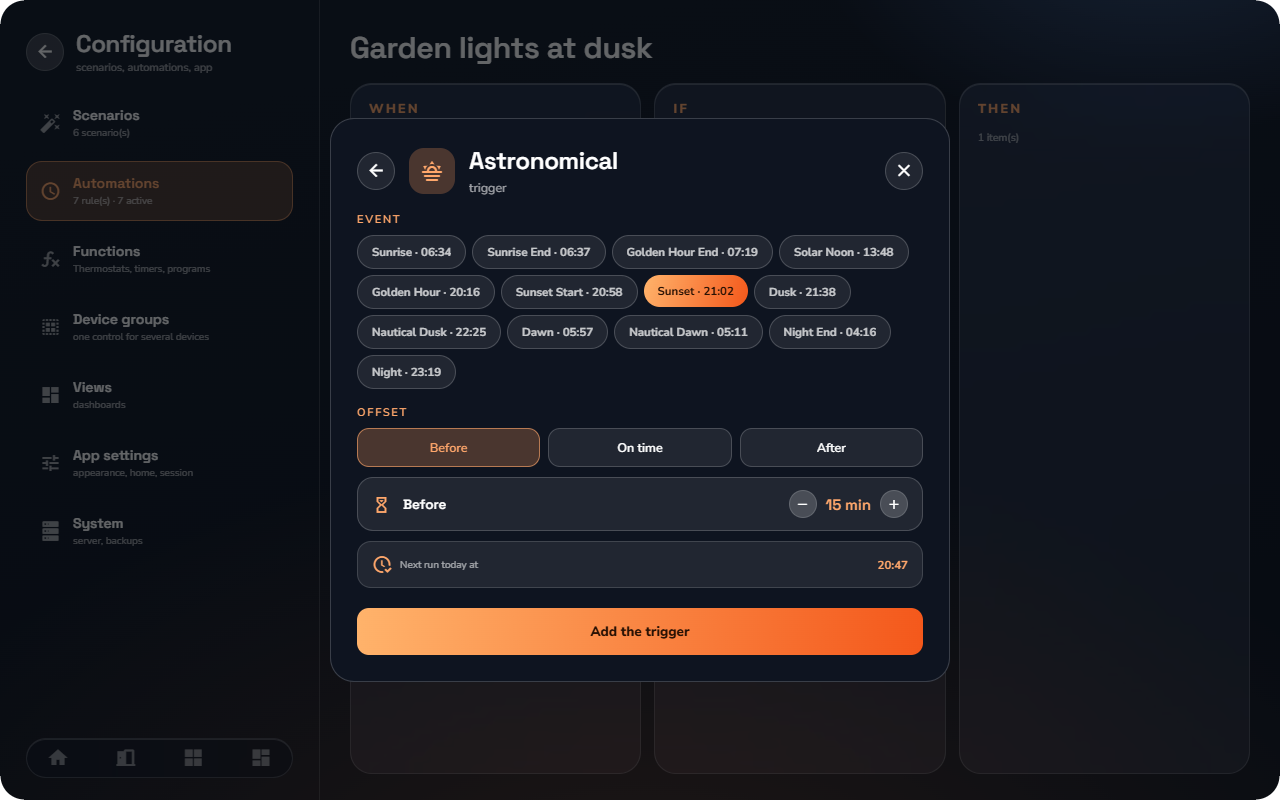 The Astronomical trigger builder — Tablet layout.