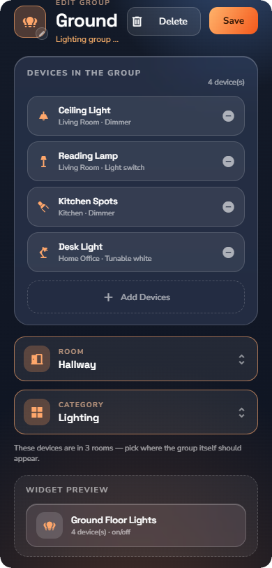 The group editor — Phone layout.