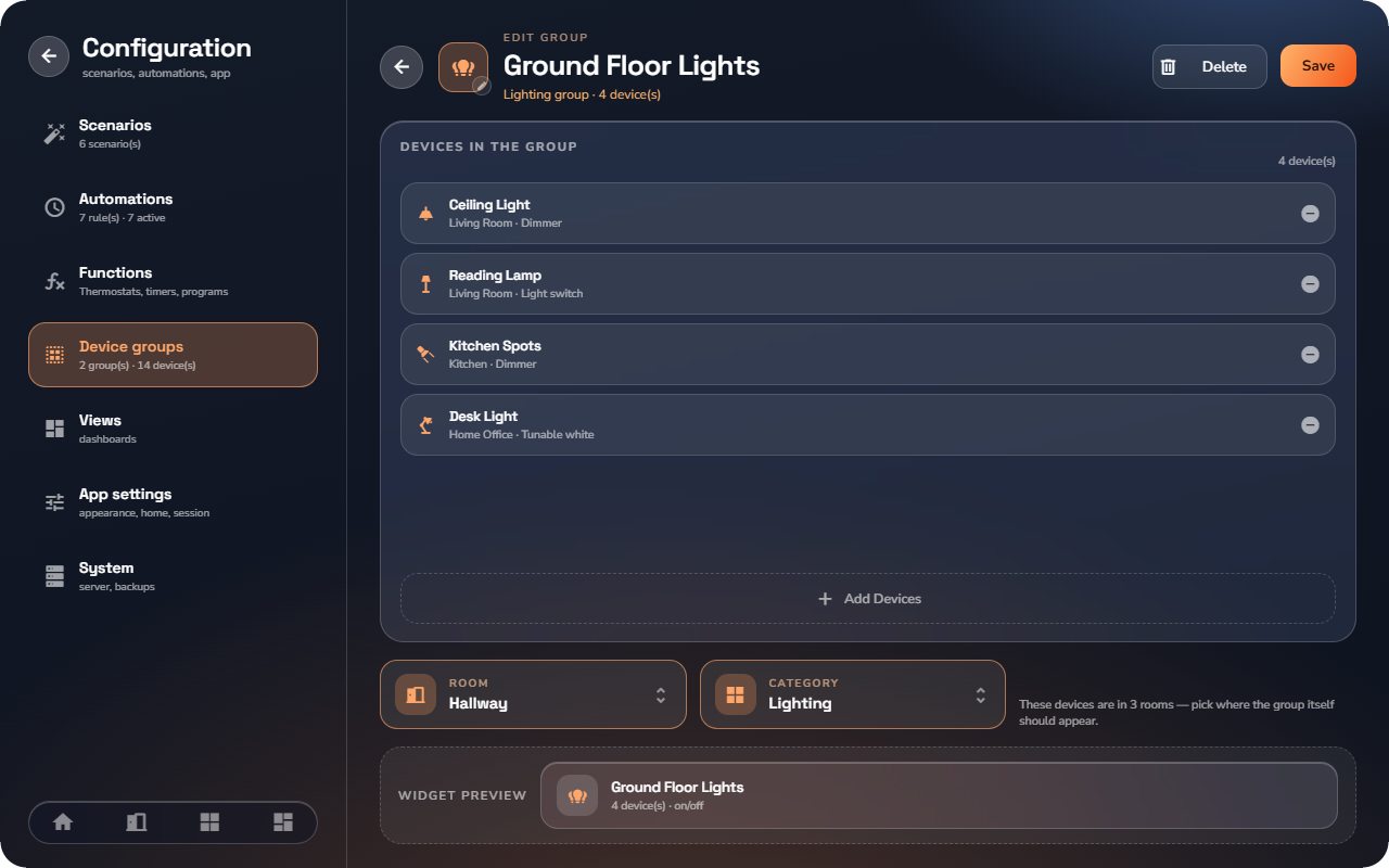 The group editor — Tablet layout.