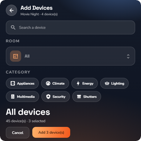 The Add Devices sheet — Wall panel layout.