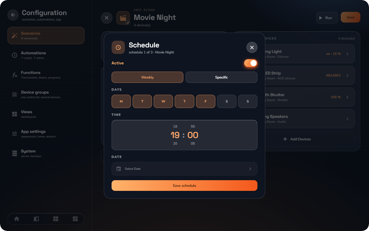 The scenario Schedules sheet — Tablet layout.