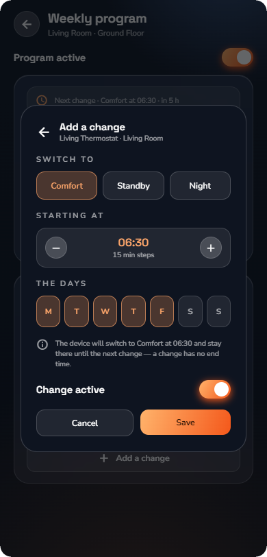 The Add a change sheet — Phone layout.