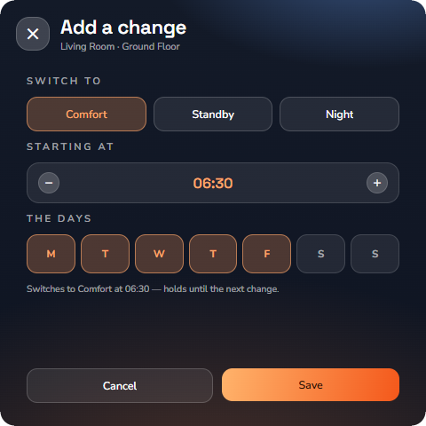 The Add a change sheet — Wall panel layout.