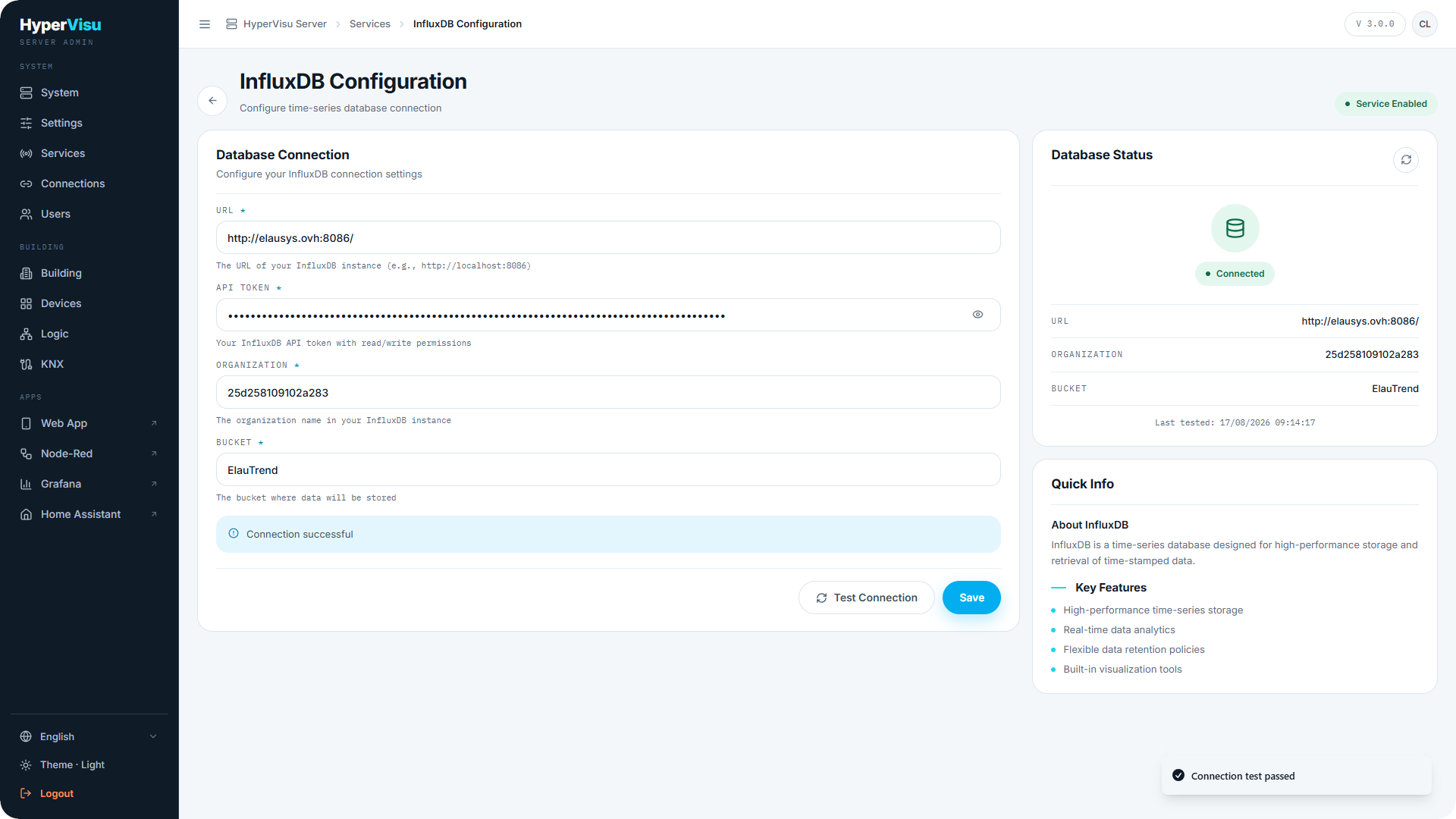 Desktop browser, InfluxDB Configuration page with the connection form filled in and the Database Status card showing Connected.