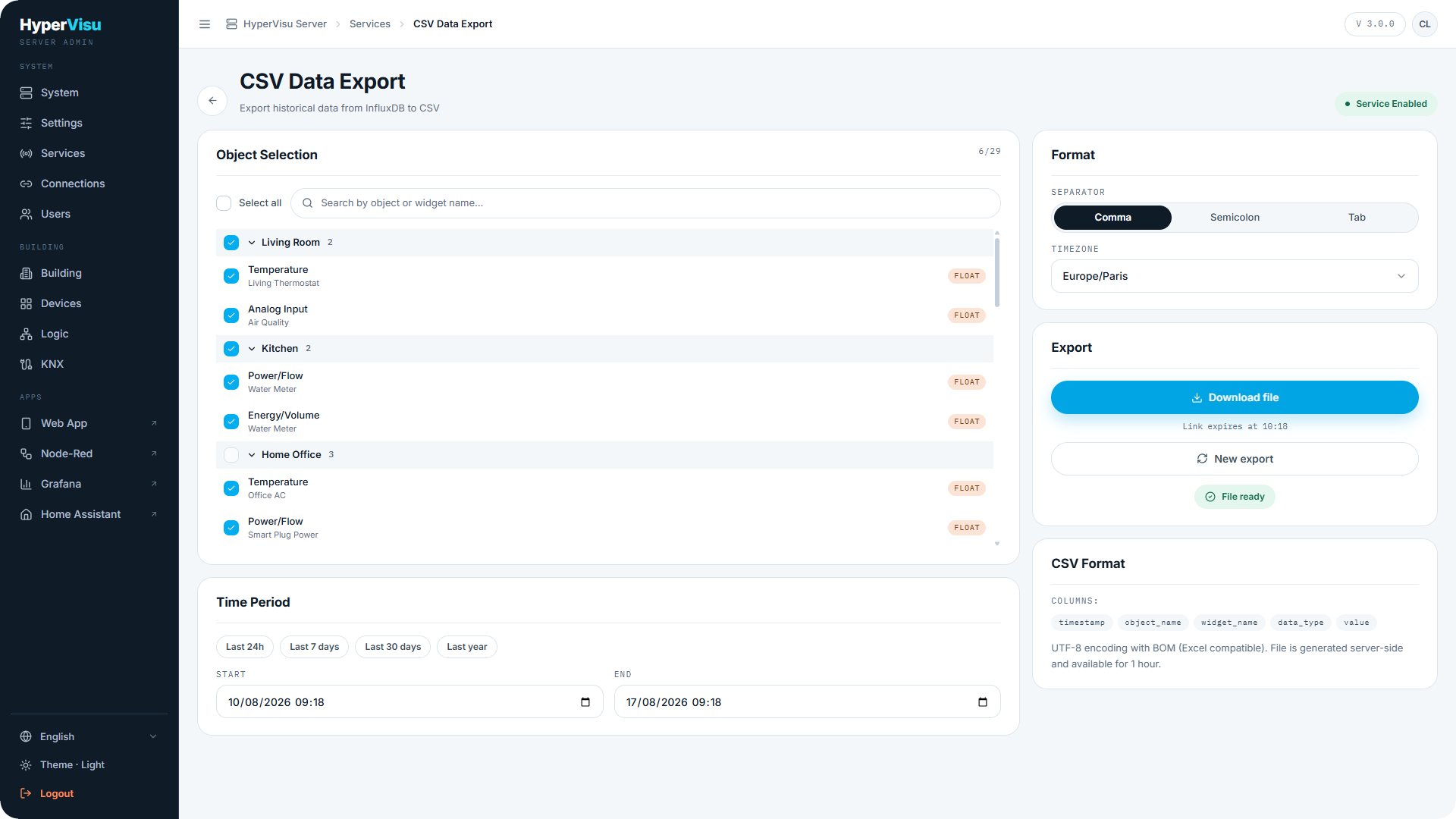Desktop browser, CSV Export page.