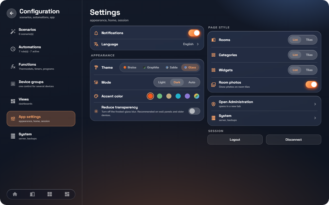 Settings page — Tablet layout.