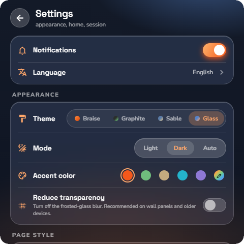 Settings page — Wall panel layout.