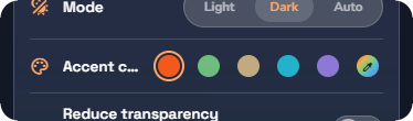 The accent colour row with the five preset swatches and the rainbow custom swatch — Phone layout.
