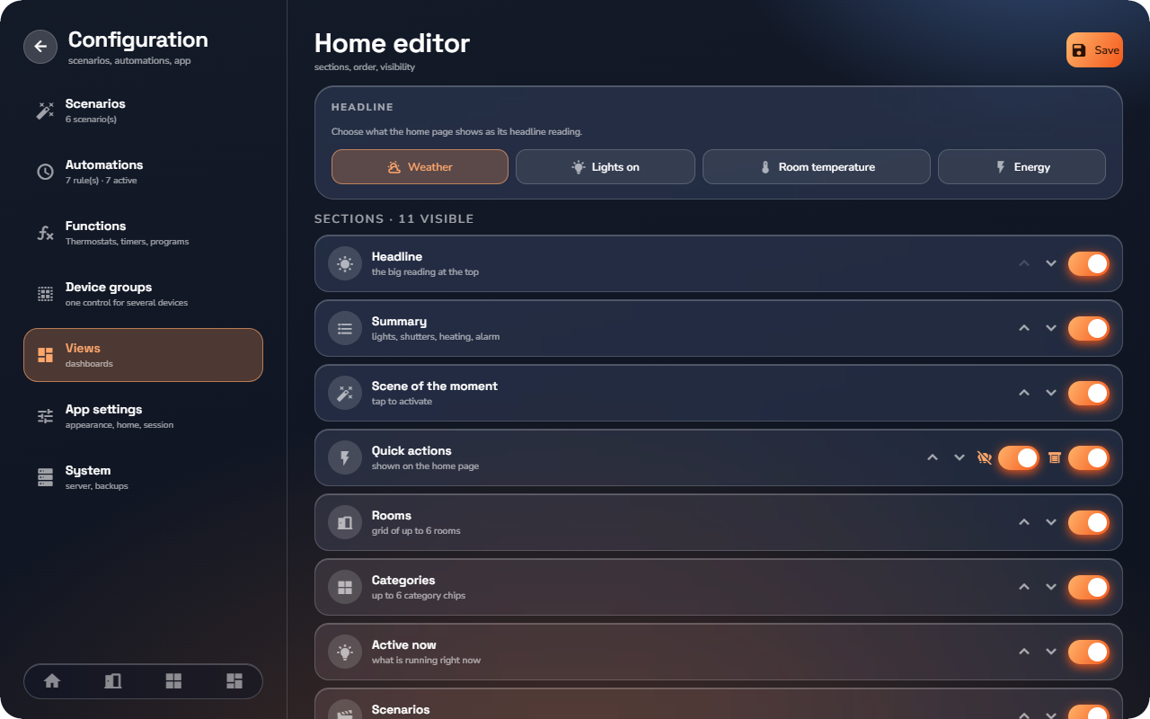 Home editor — Tablet layout.
