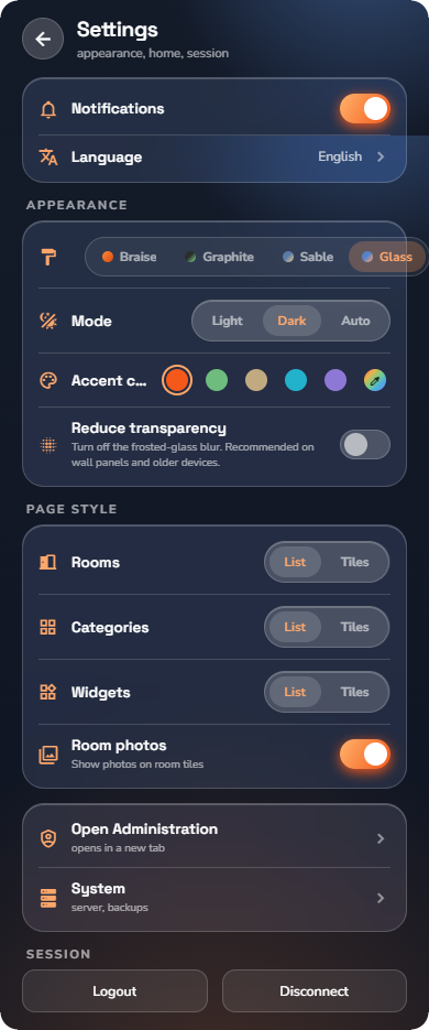 Page Paramètres — Affichage smartphone.