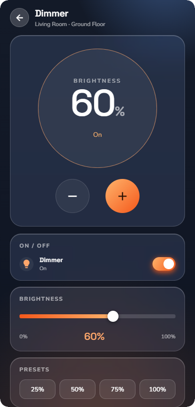 A dimmer detail page — Phone layout.