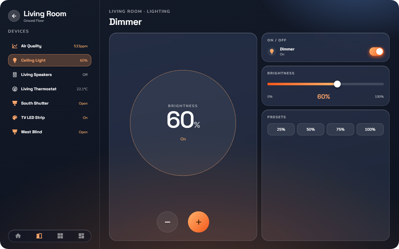 A dimmer detail page — Tablet layout.